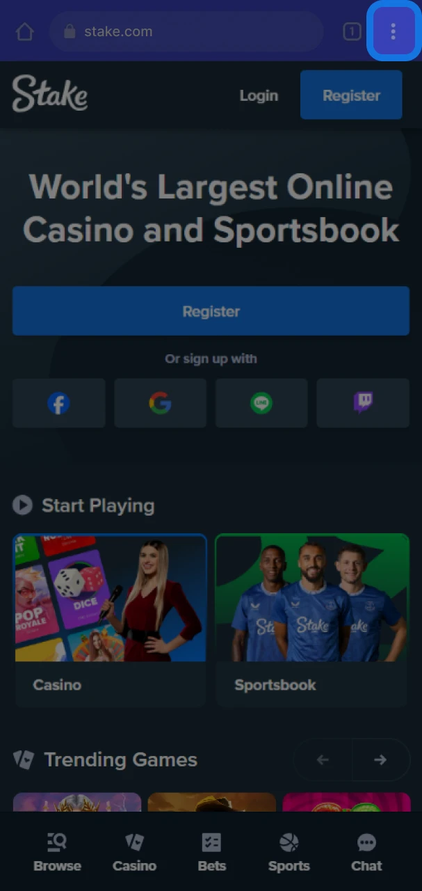 Click on the browser menu to add the Stake shortcut.