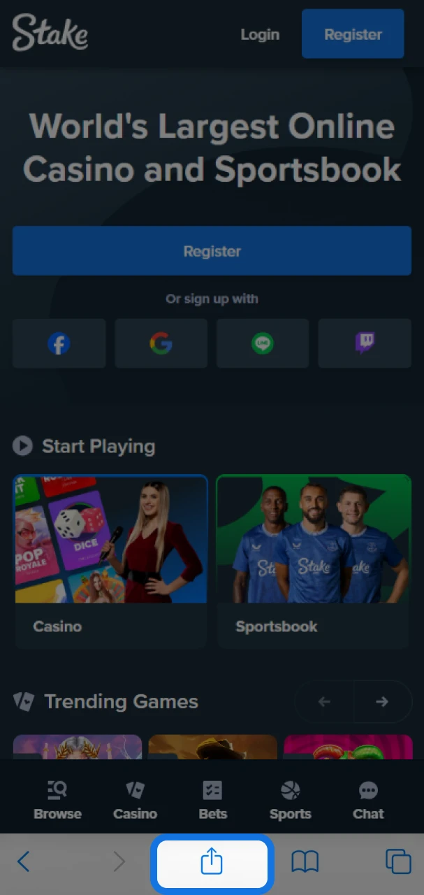 Click Share to add the Stake shortcut to your home screen.