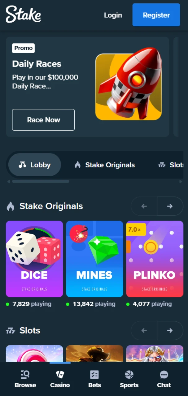 Play casino games on the Stake app.