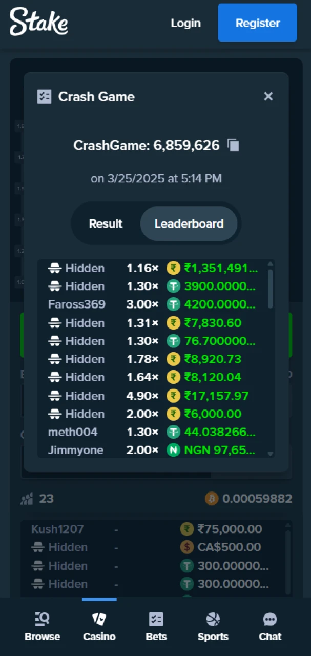 The Crash Game by Stake Originals offers a leaderboard with results.