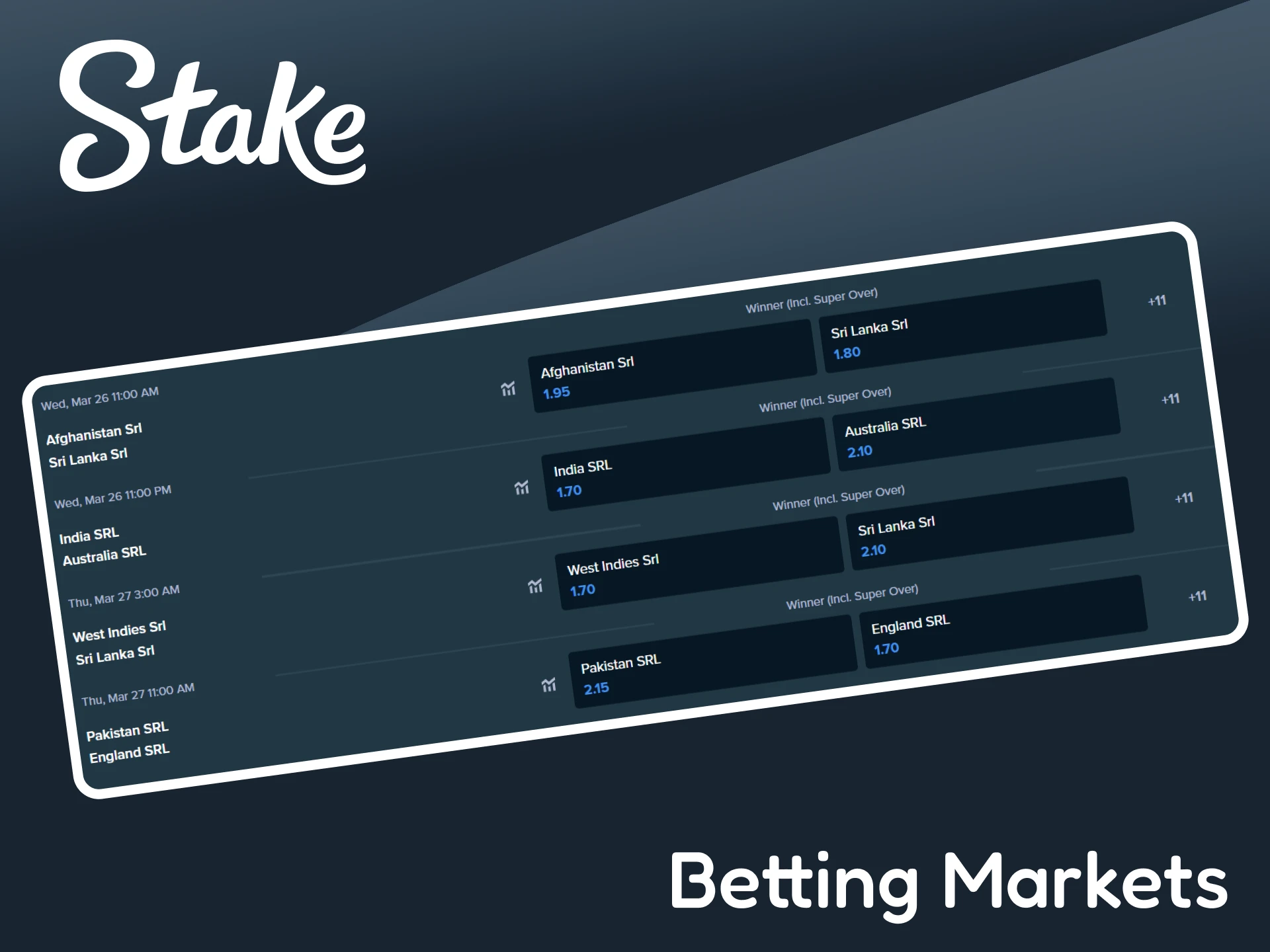 Check out the cricket betting markets available at Stake.