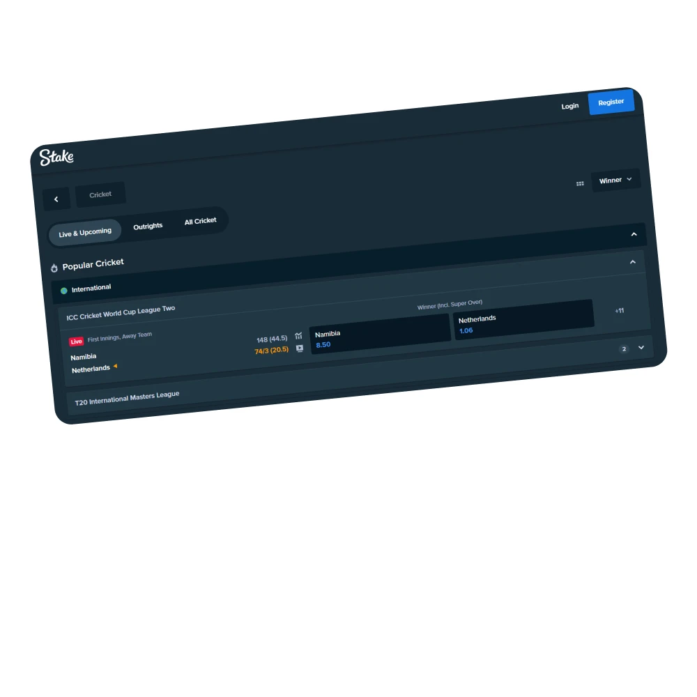 Place your bets on cricket on the Stake platform.