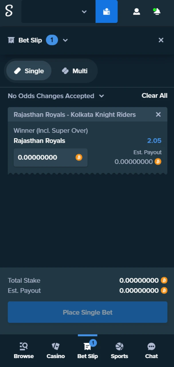Confirm your cricket bet on the Stake platform.