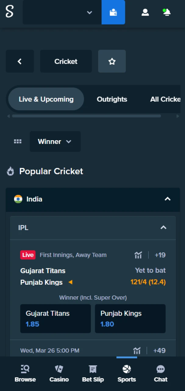 Open the cricket section to place a bet at Stake.