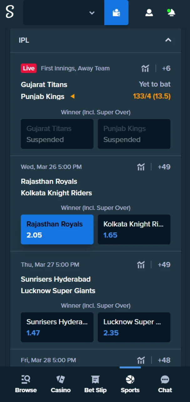 Select a cricket bet on the Stake website.