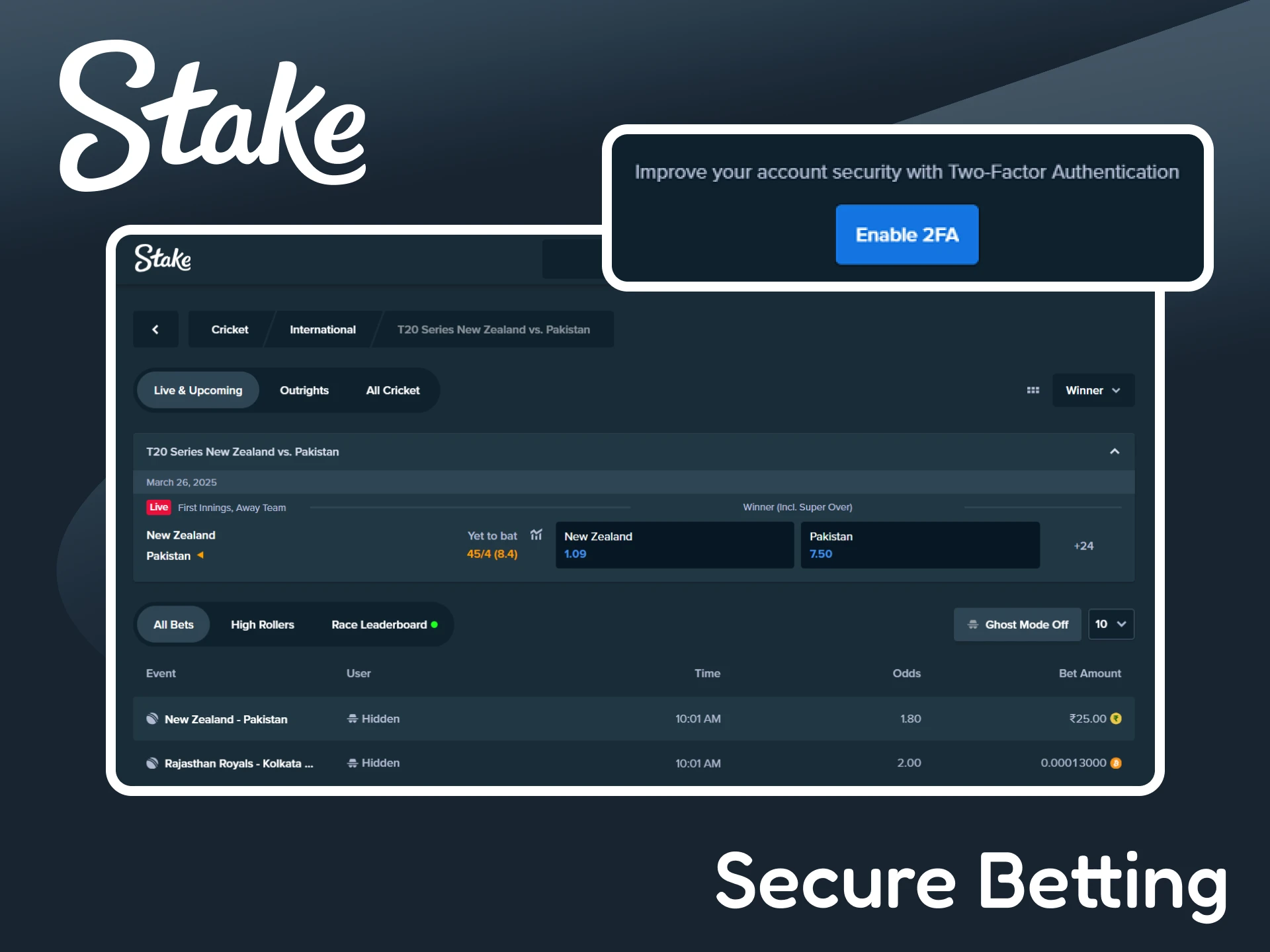 Cricket betting is safe for Stake users.