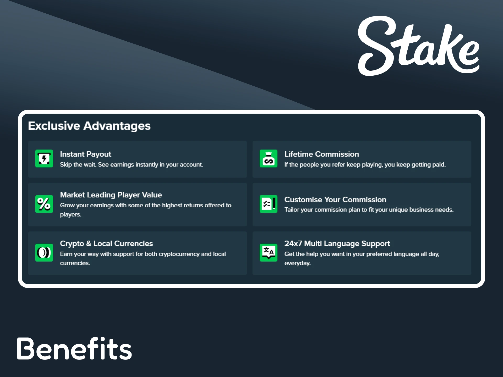 Check out the main benefits of Stake's referral program.
