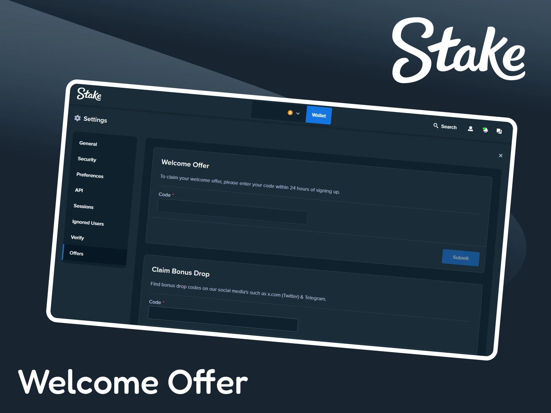 Register and get a welcome offer at Stake.