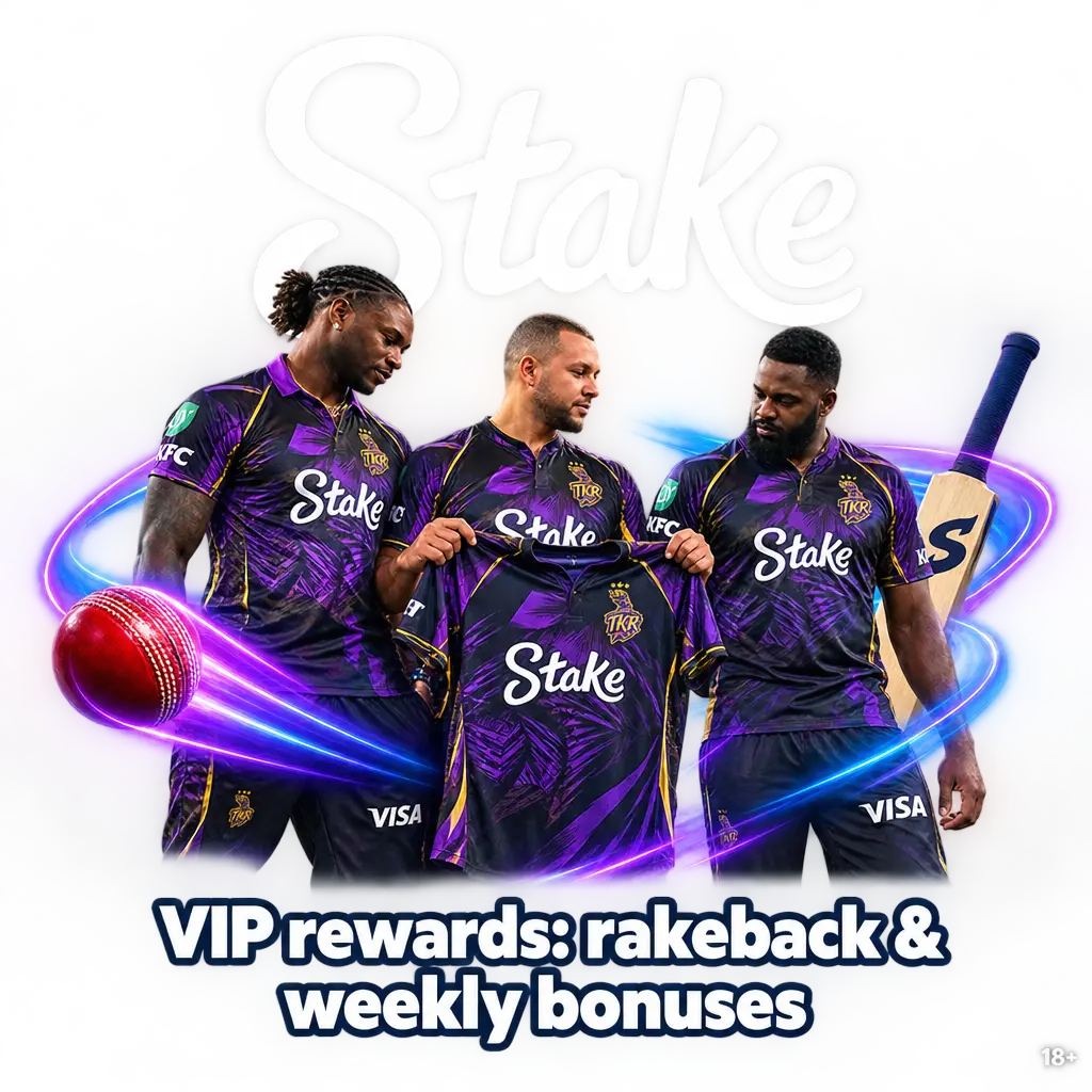 Stake India cricket betting and casino with partner Trinbago Knight Riders: VIP rakeback and weekly bonuses.